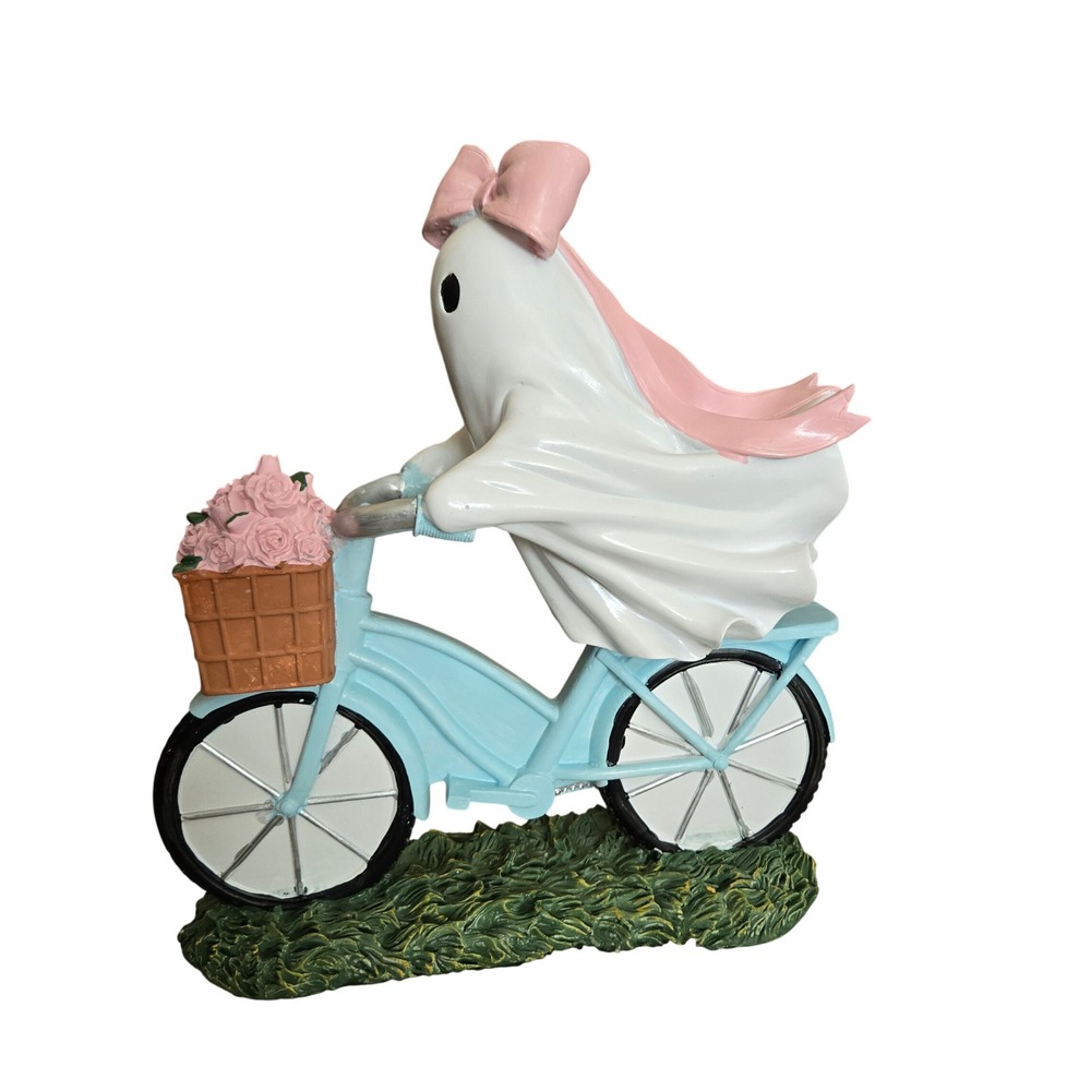 Unbranded Ghost on Bicycle Figurine Pink Blue New Halloween Decor